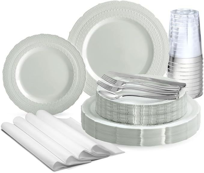 " OCCASIONS " 320pcs set (40 Guests) Extra Heavyweight Vintage Wedding Disposable/Reusable Plastic Plates -40x11'' + 40x8.25''+Silverware+Cups+Napkins (Chateau Collection Light Gray)