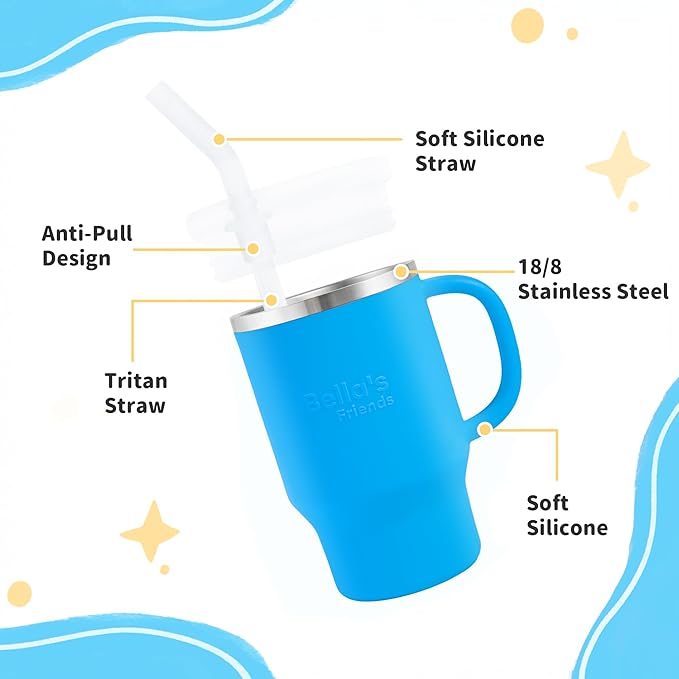 Bella's Friends Handy Mini Tumbler – Adorable 9 oz Toddler Sippy Cup, Stainless Interior & Silicone Body, Leak‑Proof, Dishwasher Safe, Gift for 1-3 Years Old Girls&Boys, 2 Pack, Azure Blue&Seafoam