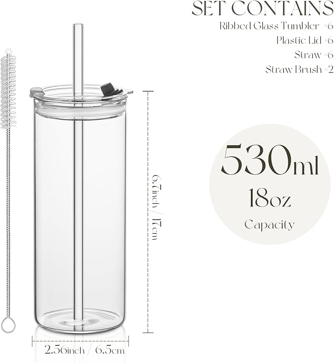 KEMORELA 6-Pack 18oz Large Round Glass Cups with Lids & Straws – Clear Tumblers for Iced Coffee, Juice, Smoothies – Reusable, Leakproof Beverage Set