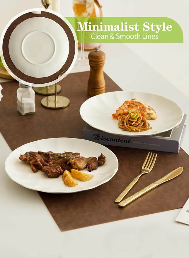 TAMAYKIM 10.5 Inch Porcelain White Dinner Plates Set of 8, Shallow Coupe Round Plates with Petal Edge for Pasta Salad, Steak Serving Dinnerware - Scratch Resistant, Microwave, Oven & Dishwasher Safe