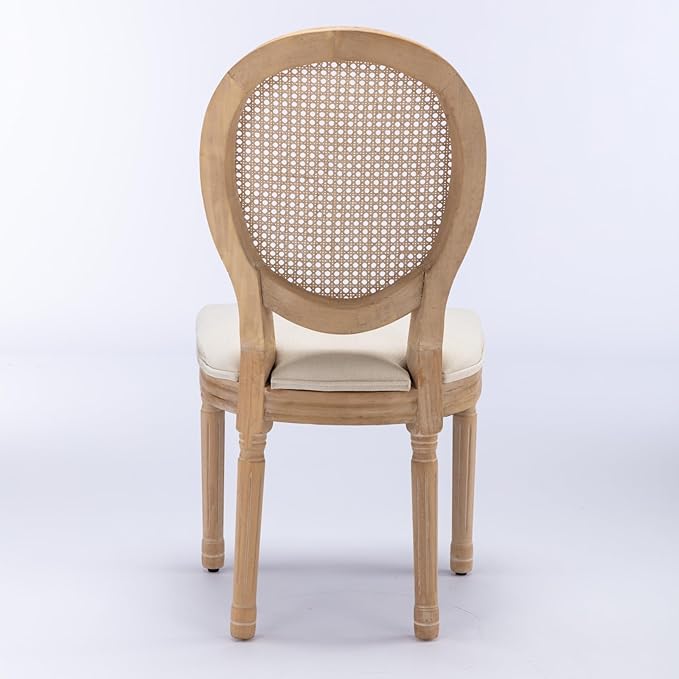 Ball & Cast French Vintage Upholstered Dining Chairs Set of 2, Antique Painting Wooden Kitchen Side-Chairs with Rattan Back & Carved Solid Wood Frame, 2-Piece Curved Backrest Louis Chair, Beige