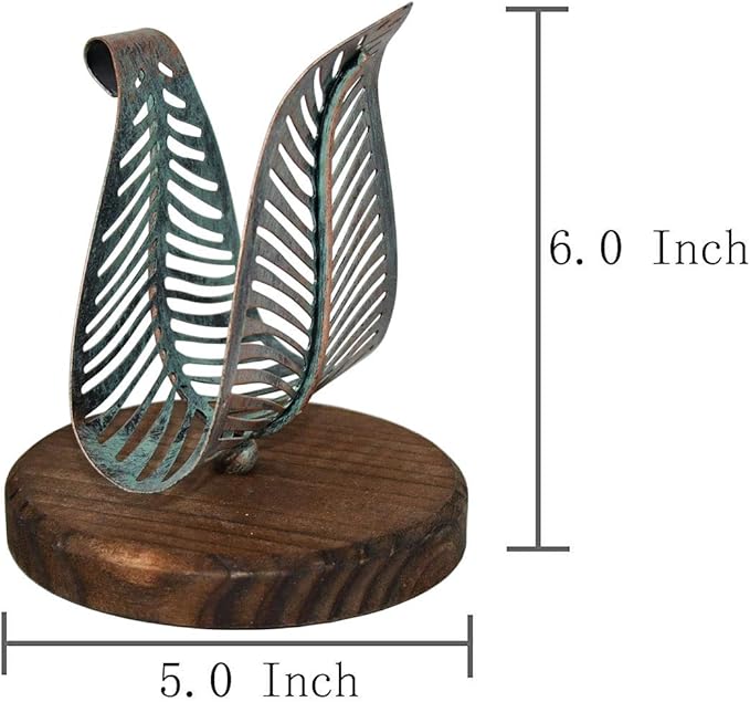 OwlGift Freestanding Modern Napkin Holder w/Golden Turquoise Metal Leaf & Brown Wooden Base Design, Tabletop Tissue Dispenser, Napkin Storage Organizer