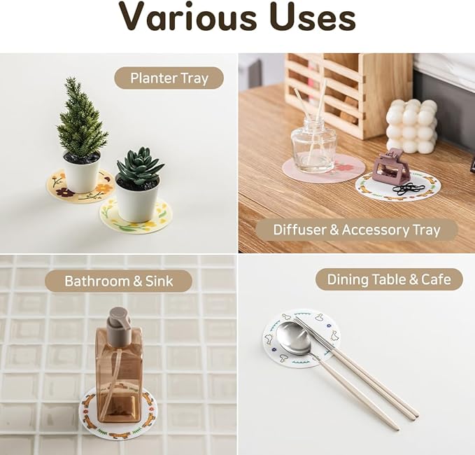 FLT Silicone Colorful Coaster Set of 3, Non-Slip Drink Mat, Cute and Unique Printed Design (Made in Korea) (Pastel - Flower)