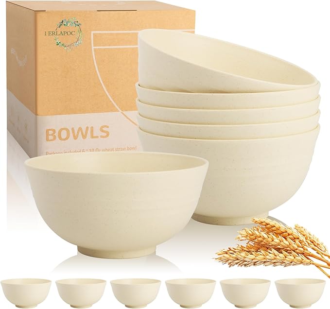 Wheat Straw Bowls Set of 6, 26 OZ Unbreakable Cereal Bowls, Reusable Plastic Bowls for Camping, Dorm, RV, Picnic, Lightweight Salad Soup Bowls, Microwave & Dishwasher Safe, Beige