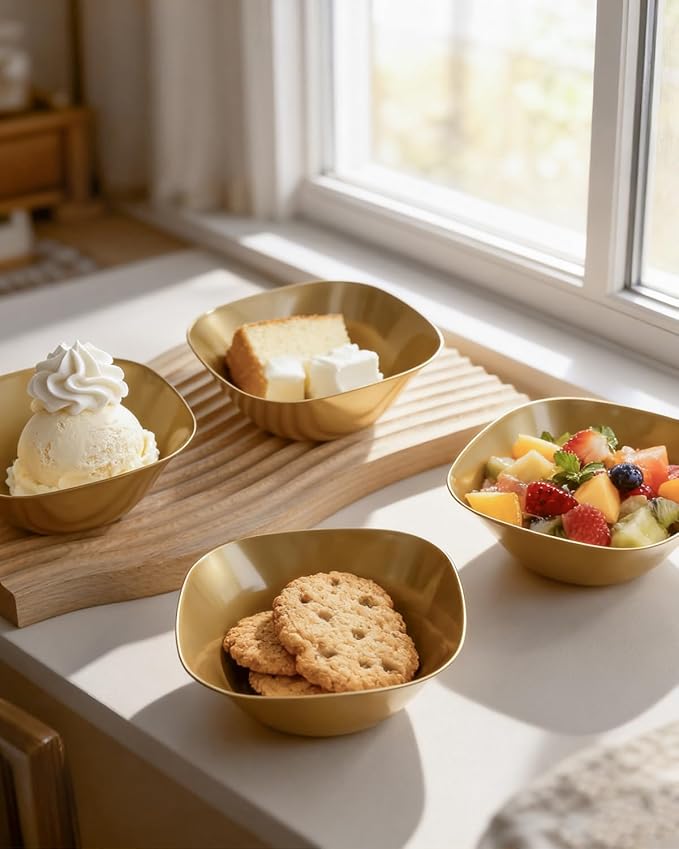 bUCLA 50Pack Gold Plastic Small Bowls - 8oz Disposable Ice Cream/Salsa/Dipping/Dessert/Sauce/Small Serving Bowls for Party