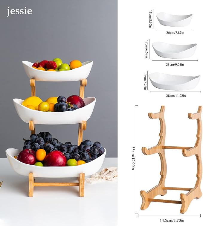 jessie 3 Tier Fruit Basket,Ceramic Large Capacity Tiered Fruit Basket Stand,Bamboo Fruit Serving Tray Snacks Nuts Bread Candy Storage Holder (White porcelain)