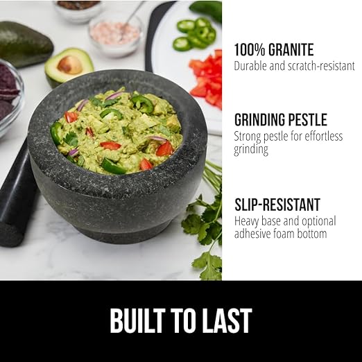 GORILLA GRIP Heavy Duty Mortar and Pestle Set with Slip Resistant Base, 100% Granite Stone Molcajete Guacamole Bowl, Grind Seeds Spices, Crush Garlic, Kitchen Muddler for Fresh Herbs, 1.5 Cup, Black