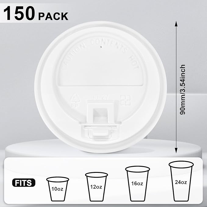 SIUQ 150 Pack Coffee Cup lids, Disposable Plastic Cup Lids for 10, 12, 16, 20, 24 oz Paper Cups, Hot/Cold Drinking Cup Lids, 3.54 Inches/90 mm Diameter - White