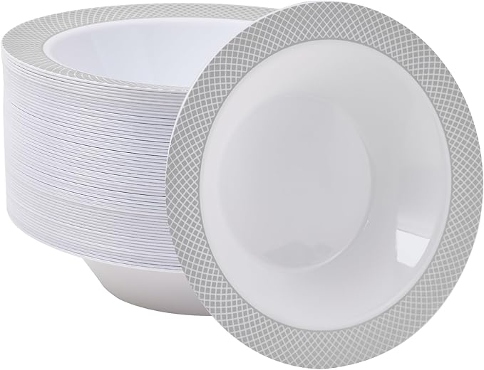 JOLLY CHEF 50 Pack Plastic Bowls with Silver Rim, 12 oz Disposable Soup Bowls, Heavy Duty Plastic Dinner Bowl for Weddings, Party, Dinners, Catering, Christmas and Everyday Use