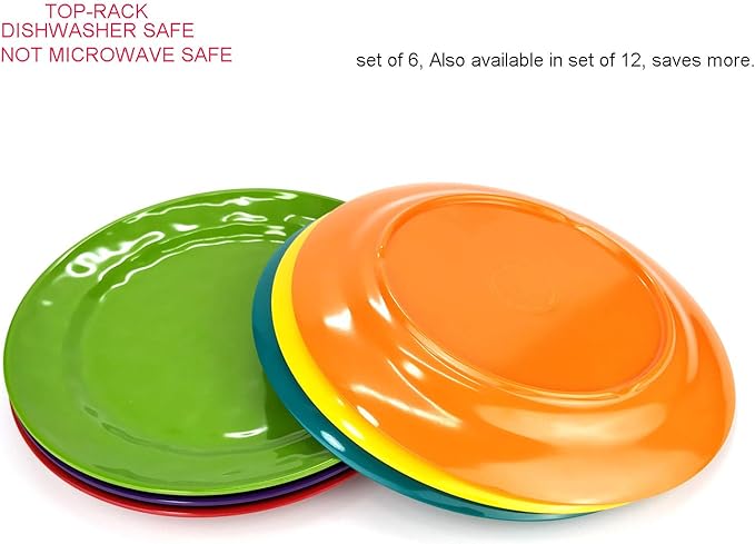 KX-WARE Melamine Plates set -10inch 6pcs 100% Melamine Dinner Plates for Everyday Use, Break-resistant and Lightweight, MultiColor