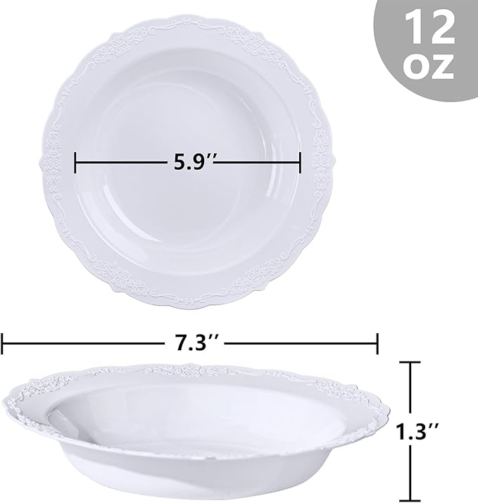 DaYammi 50 Pack White Plastic Bowls, 12oz Disposable Soup Bowls, White bowls Disposable Heavy Duty Dinner Bowls for Weddings, Salad Bowl for Parties, Dinners, Catering and Everyday Use