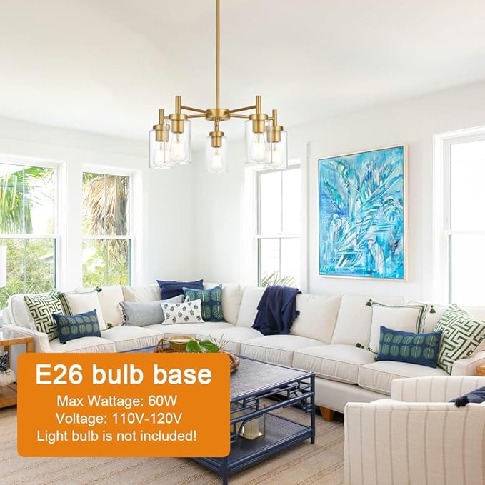 VINLUZ Retro Large Chandelier with Clear Glass Shade Metal Indoor Kitchen Island Pendant Lighting in Gold Finish Modern Light Fixture Hanging for Dining Room
