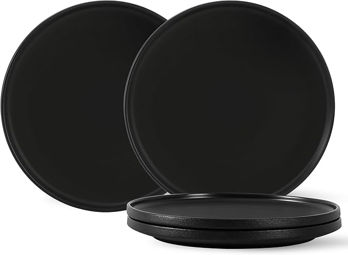 Stoneware Salad Plates Set of 4, 8 Inch Plates for Dessert, Ceramic Plates Sets, Microwave Safe, Dishwasher Safe, Versatile for All Seasons, Matte Black