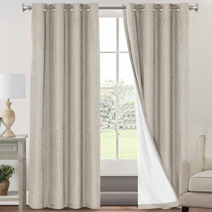 PrinceDeco Linen 100% Blackout Curtains for Bedroom/Living Room Reduce Noise Light Blocking Window Curtains Drapes for Boho Home Decor, Linen Look Fabric with White Liner (52 x 102 Inch,Cobblestone)