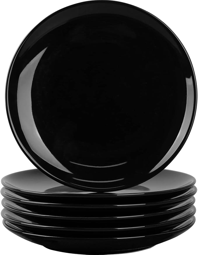 DELLING Dinner Plates Set of 6, 10 inch Ceramic Plates - Microwave, Oven, and Dishwasher Safe, Scratch Resistant - Modern Dinnerware Dish Set for Kitchen Serving - Black