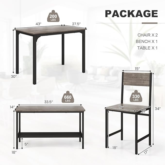 Giantex Dining Table Set for 4, Kitchen Table with Bench and Chairs, Industrial Gathering Bench Dining Set W/Metal Frame & Storage Rack, Dinette Set, Modern Functional Desk Set (Black Oak)