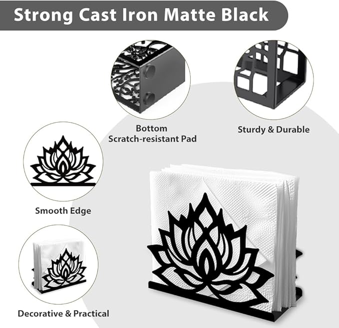Lotus Flower Decorative Black Metal Napkin Holder for Table, 5.3" x 4.1" x 2" Floral Standing Napkin Holder for Home Kitchen Restaurant Picnic Party Coffee Bar Dining Room