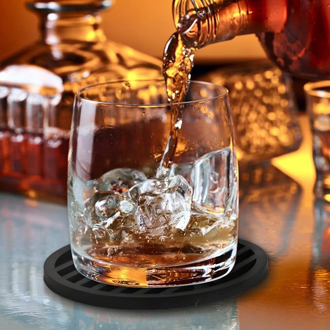 Silicone Coasters for Drinks, Coasters with Grooved Design, Durable Coasters for Table Top Protection, Anti Slip, Non- Stick, Pack of 9 with Metal Holder