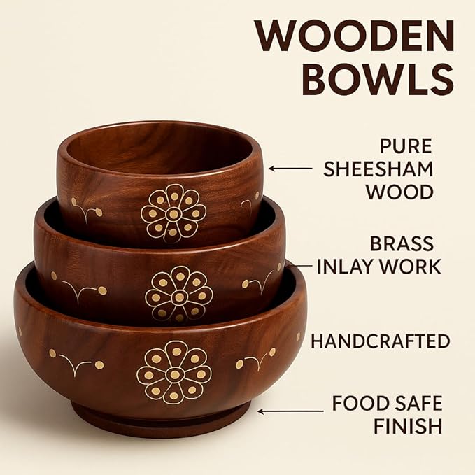AMERZONE Handcrafted Sheesham Wood Bowl Set | Decorative Brass Inlay | 6, 5, 4 Inch Nested Serving Bowls for Salad, Snacks, Dry Fruits & Ice Cream | Stackable Kitchen Serveware (Set of 3)