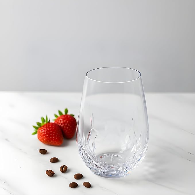 SHOSHIN - Hand Cut Stemless Wine Glass Set of 4, Large 18 oz Crystal Glass, Wine Tumblers for Red and White Wine, Water Glasses, Drinking Glasses