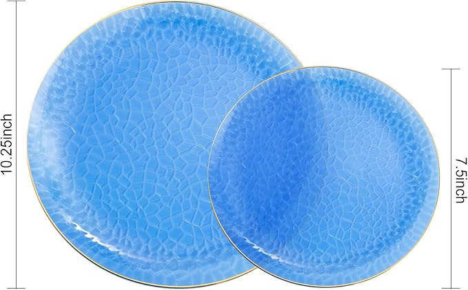 Hioasis 60pcs Blue Plastic Plates - Gold Rimmed Disposable, Hammered, Heavy-duty Dinnerware Set Suitable for 30 Guests, 10.25" Dinner & 7.5" Dessert Plates for Party & Wedding