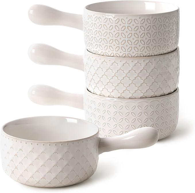 DOWAN French Onion Soup Bowls, 18 Oz Soup Bowls with Handles, Oven Safe Stackable Ceramic Soup Crocks for Chili, Beef Stew, Microwave & Dishwasher Safe Set of 4
