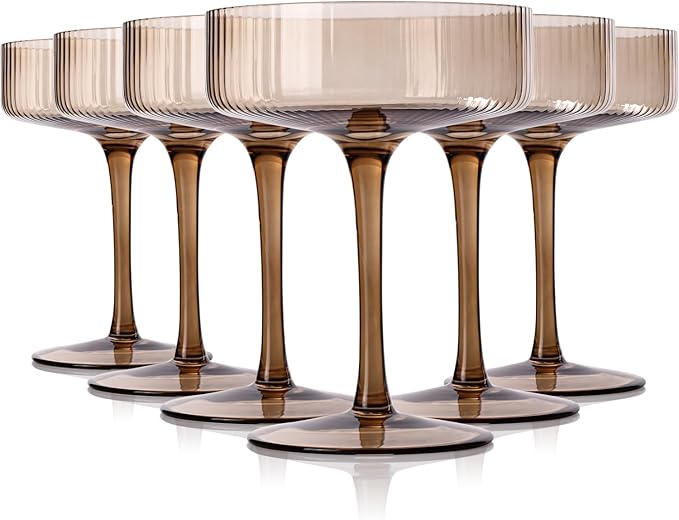 Smokey Sand coupe glasses Gray Vintage Art Deco Coupe Glasses Set of 6 Ribbed martini Cocktail Glasses Set