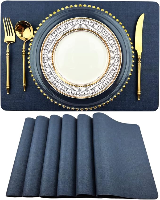 WAZAIGUR Waterproof Easy to Clean Non-Slip Heat Resistant Thick Faux Leather Placemats for Dining Table (Dark Blue, 6)