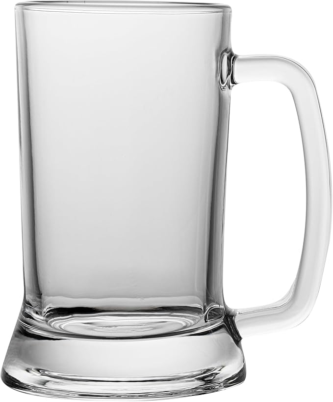 Restaurantware-Vetri 16 Ounce Beer Mugs, 6 Dishwashable Beer Glasses With Handle - No-Lead, Heavy Base, Clear Glass Large Stiens, For Pubs, Bars, Restaurants, Home, Hotel, Or Hosting Parties
