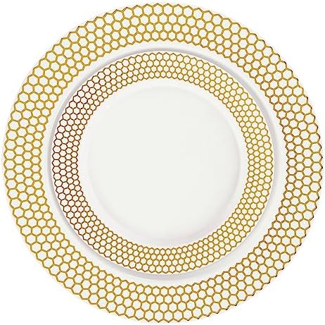 PLASTICPRO 128 Pack Elegant Disposable Plastic Plates Combo Set Includes 64 Dinner Plates and 64 Salad Plates Heavy Duty Fancy Party Plates White & Gold Honeycomb Design - Image 3