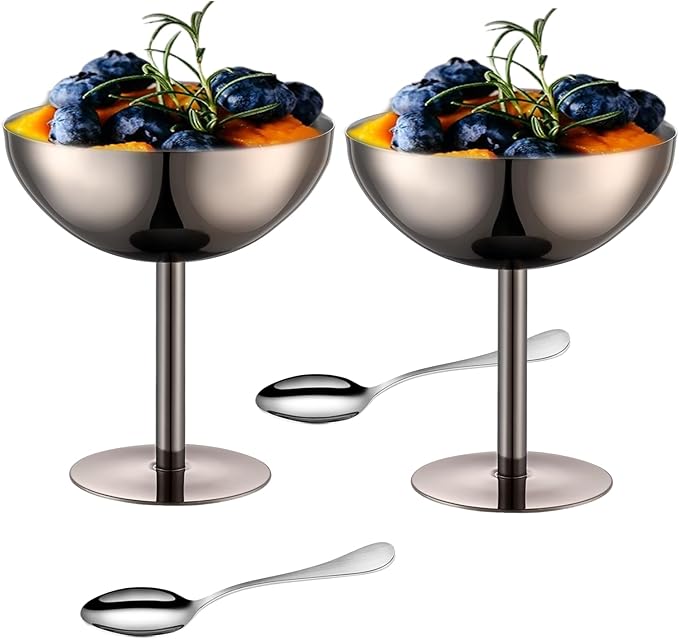 Ice Cream Bowls Stainless Steel Dessert Cups with Spoons Reusable Footed Sundae Cups Ice Cream Cups for Dessert, Frozen Yogurt, Gelato, Birthday Party Decorations (2, Black)