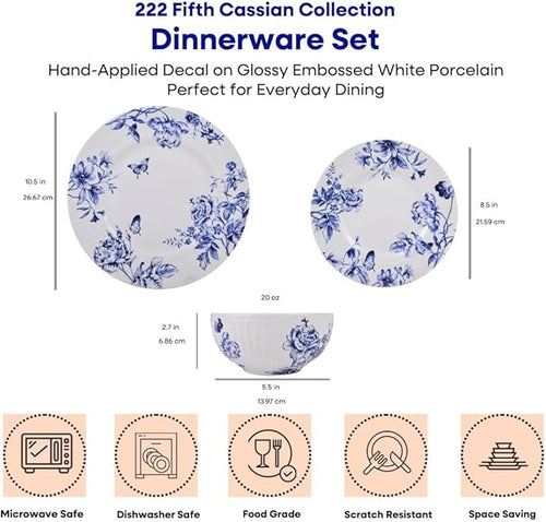 222 Fifth 12-Piece Porcelain Dinnerware Set for 4, White & Blue Plates and Bowls Set, Glossy Ceramic Dish Set with Embossed Toile Pattern, Elegant Kitchen Dishes, Microwave & Dishwasher Safe, Cassian
