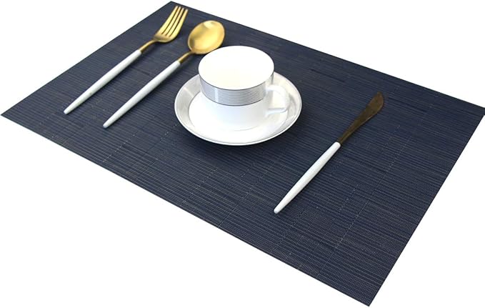 Placemats for Dining Table Woven Vinyl Place Mats Wipe Off Plastic Placemats Stain Resistant Table Mats Set of 6 （Bamboo Navy）