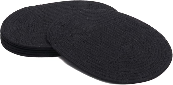 Braided Placemats Set of 6, Cotton Fabric Oval Table Mats Non Slip Washable 16 * 12 inch Oval Place Mats, 6 Pack Black Cotton Rope Woven Placemats