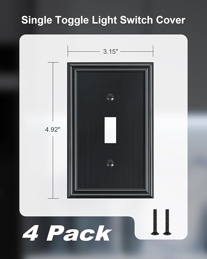 4-Pack Single Toggle Light Switch Cover Plate, Durable Solid Zinc Alloy Decorative Switch Plate Covers, Black 1 Gang Wall Plate, Corrosion Resistant