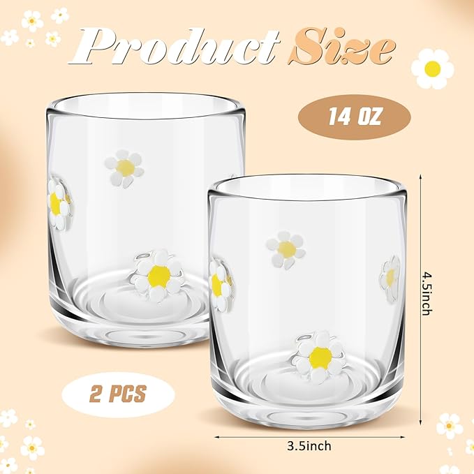 Icon Juice Glasses, 14oz Stemless Wine Drinking Juice Glass Cup for Valentine Party Supplies Gift(2 Pcs,Flower)
