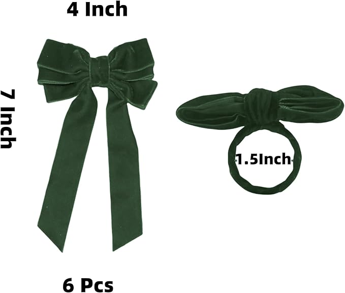 Dark Green Velvet Bow Napkin Rings Set of 12 - Luxury Soft Velvet Napkin Holders, Elegant Bow Design for Christmas Holiday Dinner Wedding Party Table Decor