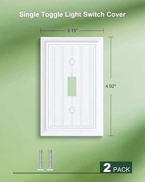 2-Pack Classic Beadboard Single Toggle Light Switch Cover Plate, Durable Natural Bamboo Fiber Decorative Switch Plate Covers, Pure White 1 Gang Wall Plate