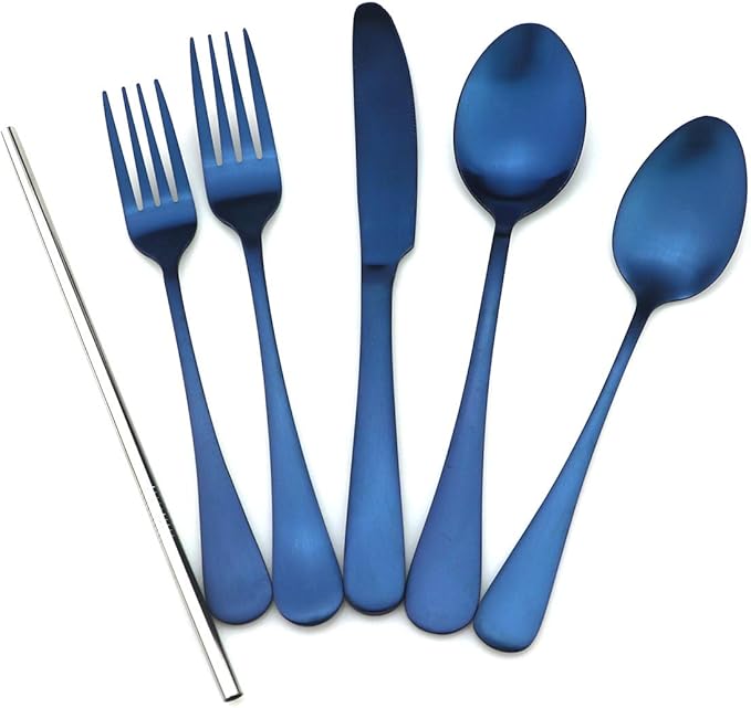 JASHII Modern Royal 20 Pcs Blue 18/10 Stainless Steel Utensils Cutlery Dinnerware Set w/ 4 Pcs Straw, Knife Fork and Spoon Flatware Set for Wedding Festival Christmas Party Service for 4