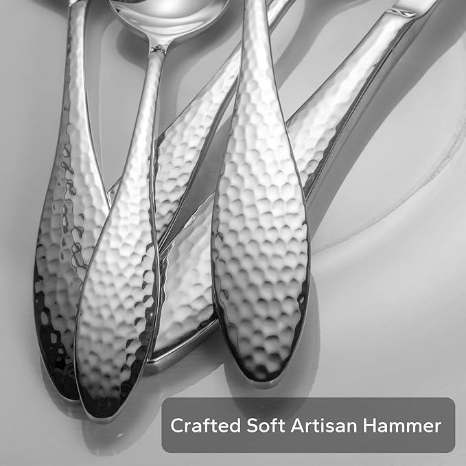 Alata Emma 40-Piece 18/10 Silverware Set, Hammered Flatware Set, Heavy Duty Stainless Steel Cutlery Set, Modern Kitchen Utensils, Dinnerware Sets Service for 8, Mirror Polished & Dishwasher Safe