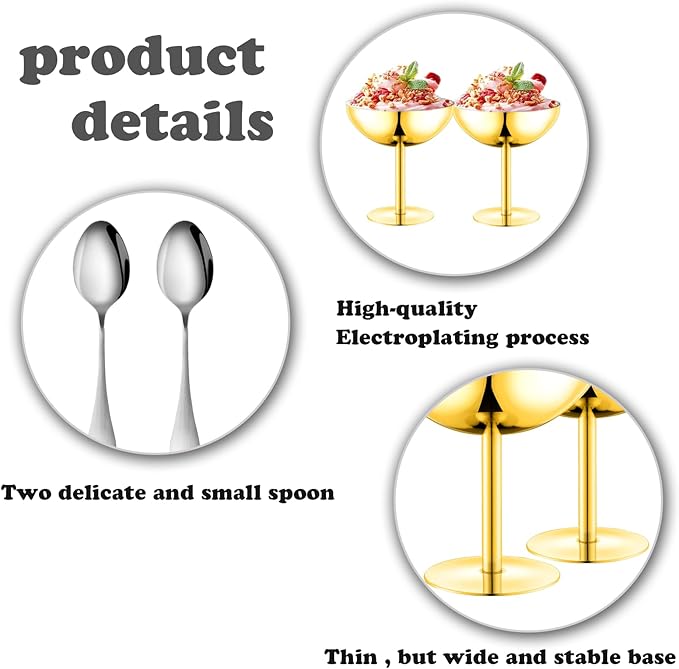 Ice Cream Bowls Stainless Steel Dessert Cups with Spoons Reusable Footed Sundae Cups Ice Cream Cups for Dessert, Frozen Yogurt, Gelato, Birthday Party Decorations (2, Glod)
