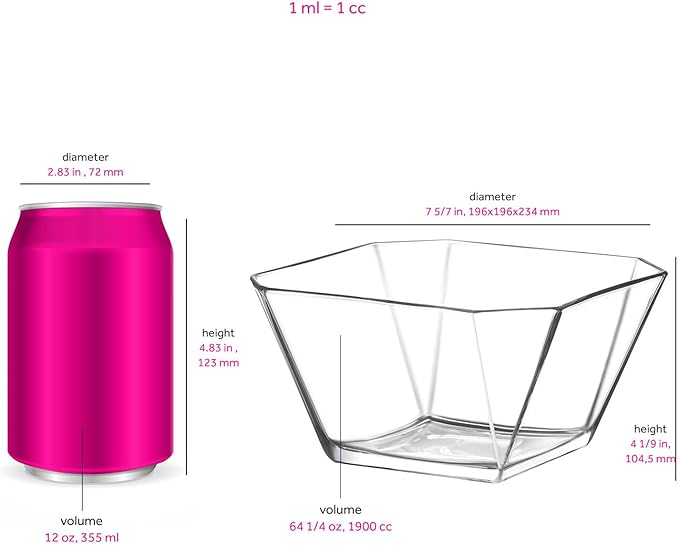LAV Clear Glass Serving Bowl for Salad, Popcorn, Fruits 64.25 oz, Unique Geometric Squared Shape, Modern Design for Your Servings, Great Choice for Casual Gatherings and Family Dinners