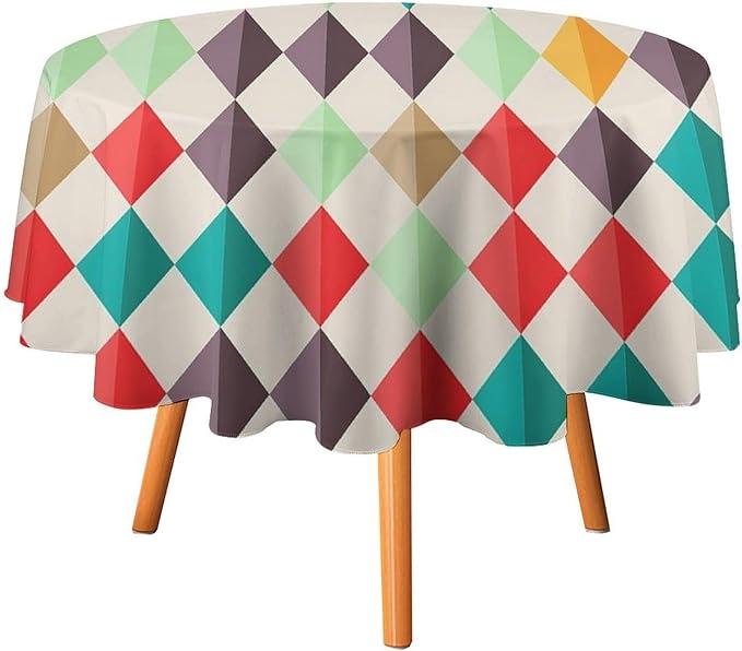 Abstract Geometric Round Tablecloth, Modern Mid Century Background Mid Century Colorful Print Pattern Tablecloth for Home Party Dining Room Kitchen Decor 36Inch(90cm)