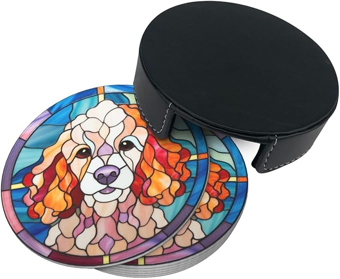 Drink Coaster Set of 6, Poodle Dog Mom Lover Gift,Leather Drink Coasters with Holder,6 Pack Cup/Bar/Drink Coasters for Table/Drinks/Coffee Protection Housewarming Gift