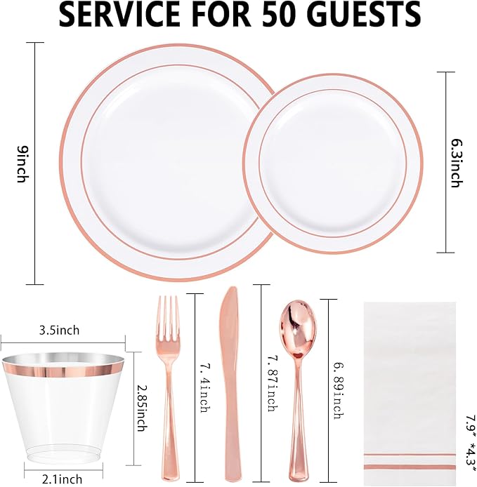 GATHER 350PCS Rose Gold Plastic Plates - Disposable Rose Gold Dinnerware Sets Includes 100 Gold Rimmed Plastic Plates, 150 Silverware, 50 Napkins, 50 Cups for Party, Wedding, Valentine's Day