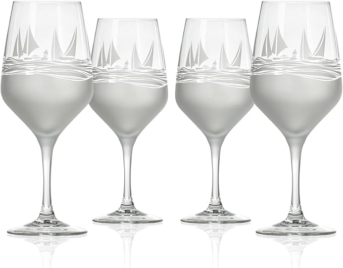 Rolf Glass | Regatta All Purpose Stemmed Wine Glass 19.5 Ounce | Set of 4 | Lead-free Glassware | Elegant Engraved Wine Glass Set | Nautical Sailboat Design