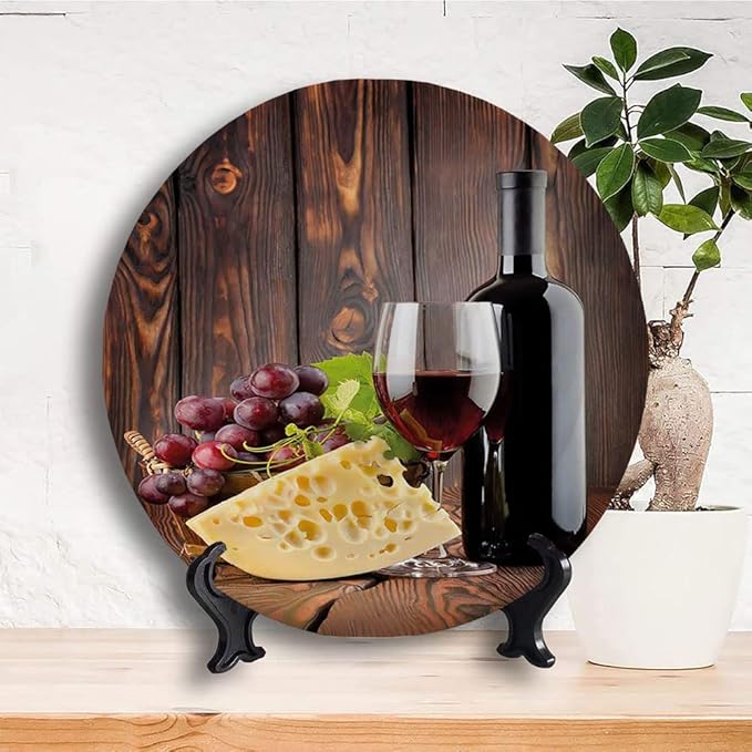 Ceramic Display Plate, Wine Ceramic Hanging Decorative Plate, Red Wine Cabernet Bottle and Glass Cheese and, 6 Inch, Living Room Kitchen Decoration Household, Brown Burgundy Cream