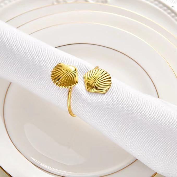 Decorative Napkin Rings Set of 6,Holders Decor Dinner Party,Wedding,Anniversary,Birthday,Table Decor Gift (Golden Shell)