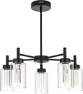 VINLUZ 5 Light LED Modern Pendant Lights, Classic Black Chandelier with Crystal Bubble Clear Glass Shade Indoor Kitchen Island Lights Fixtures for Dining Room Cafe Bar