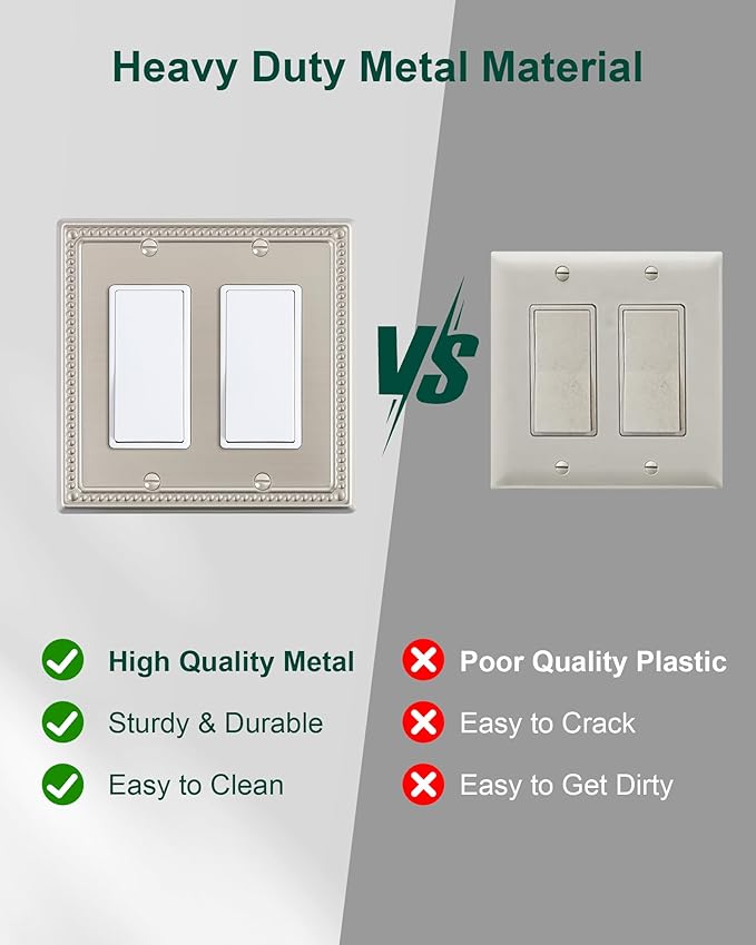 2-Pack Double Decorator Outlet Cover Plate, Pearls Decorative Switch Plates and Outlet Covers, 2 Gang Brushed Nickel Metal Wall Plates, Corrosion Resistant